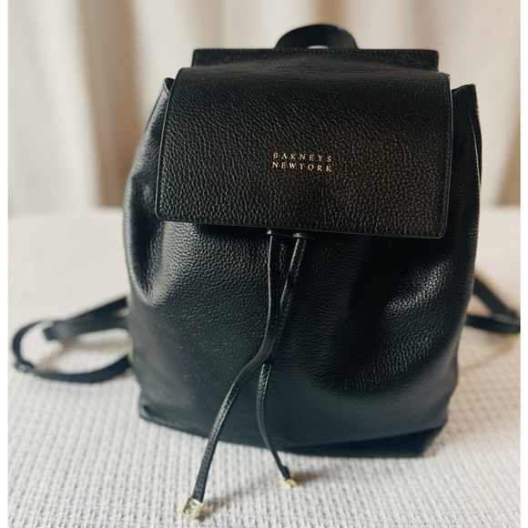 Barneys New York Black Leather Backpack Drawstring Flap Gold Hardware Lettering - Picture 2 of 16